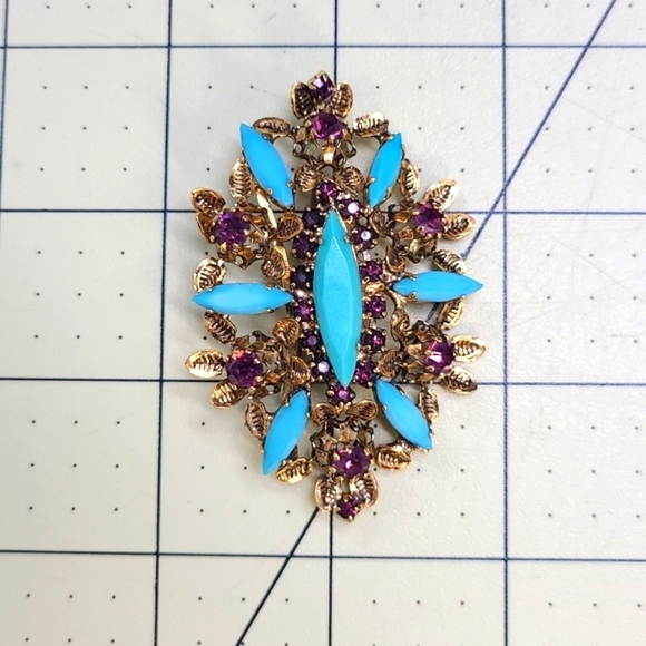 Vintage AUSTRIA Turquoise Rhinestone Brooch Purple Crystal Pin Ornate Antique - Picture 8 of 16